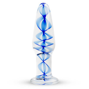 Smalle Glazen Buttplug Met Blauwe Spiraal - Transparant